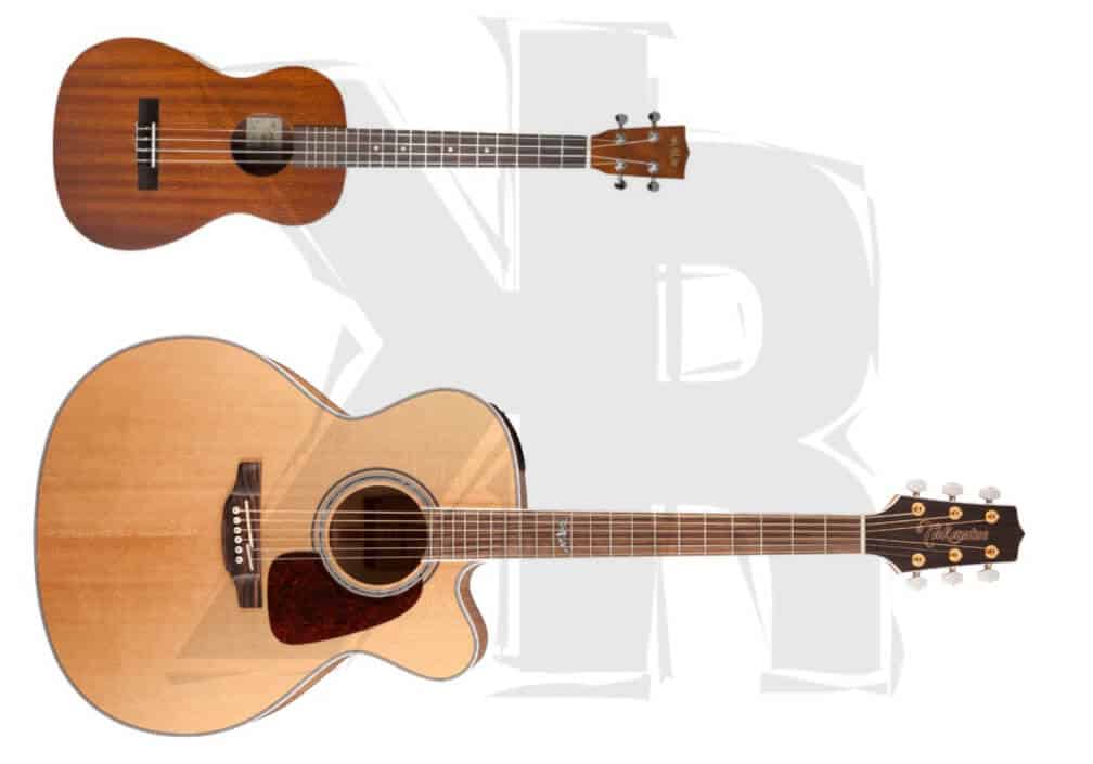 Ukulele and acoustic guitar size comparison diagram.
