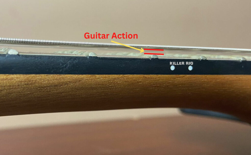 A guitar neck showing the space between the strings and frets, also known as the action.